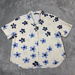 Marimekko Uniqlo Top Womens XS Cream Blue Floral Linen Blend Boxy Button Up